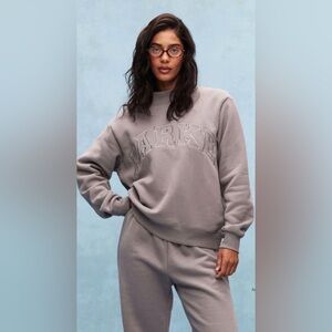 PARKE Fleece Monochrome Varsity Mockneck Sweatshirt in Stone size S/M NEW